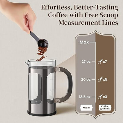 Veken French Press Coffee Maker 34oz,No Plastic Touching Cafe,Thickened Borosilicate Glass Stainless Steel Brewer,Cold Brew Cafetera Teapot for Kitchen Travel Camping,Gifts,Bar Accessories,Dark Pewter