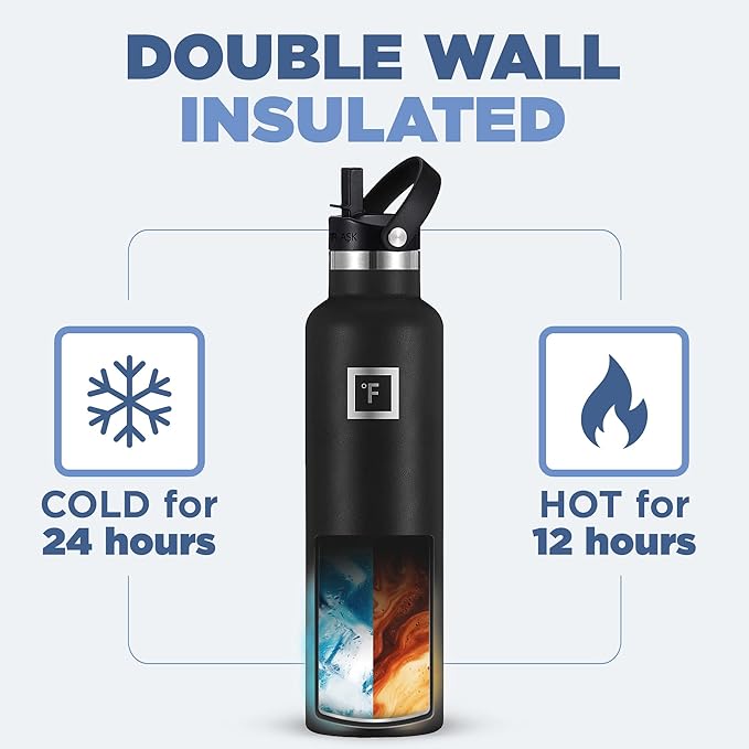 IRON °FLASK Camping & Hiking Hydration Canteens - 3 Lids (Narrow Straw Lid) Leak Proof Vacuum Insulated Stainless Steel - Hot & Cold Double Walled Sports Water Bottle - Cobalt, 24 Oz