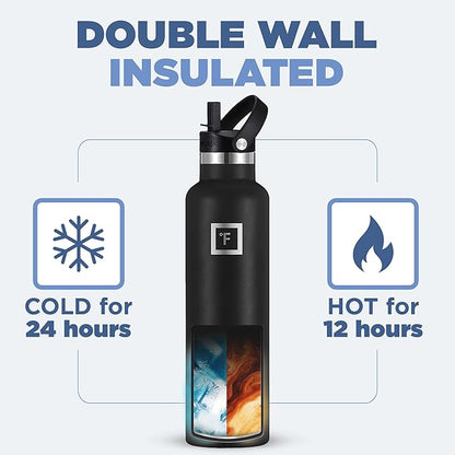 IRON °FLASK Camping & Hiking Hydration Canteens - 3 Lids (Narrow Straw Lid) Leak Proof Vacuum Insulated Stainless Steel - Hot & Cold Double Walled Sports Water Bottle - Midnight Black, 24 Oz