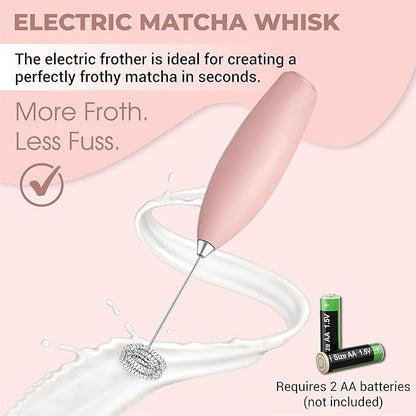 Matcha Whisk Set with Matcha Bowl - Matcha Set Included Electric Frother, Bamboo Whisk, Matcha Spoon, Bamboo Holder, Sifter, Spoon Stand (Simple Pink)
