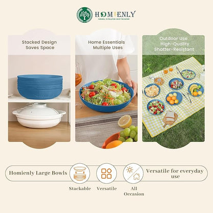 Homienly Large Wheat Straw Salad Bowls - Set of 6, 65 OZ, 10 Inch, Microwave & Dishwasher Safe - Navy Blue
