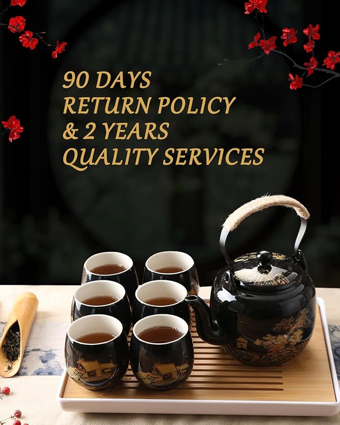 Dujust Japanese Tea Set, Black Porcelain Tea Set with 1 Teapot Set, 6 Tea Cups, 1 Tea Tray, 1 Stainless Infuser, Beautiful Asian Tea Sets for Adults, Tea Lover/Women/Men (Countryside in Golden)