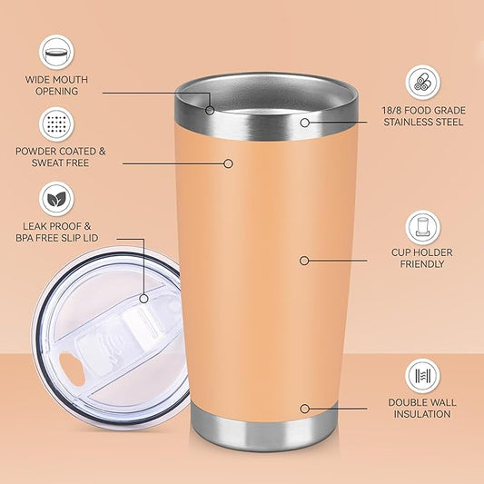20 oz Tumbler Stainless Steel Tumblers Bulk with Lid Double Wall Insulated Coffee Tumbler Cups for Hot & Cold Drinks Powder Coated Travel Coffee Tumbler Mug Metal (Cream Orange, 1 pack)
