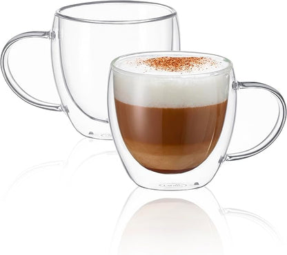 CNGLASS Double Wall Glass Coffee Mugs with Handle,8.5oz Clear Insulated Glass Espresso Cups for Hot and Cold Beverages,Latte,Cappuccino,Set of 2