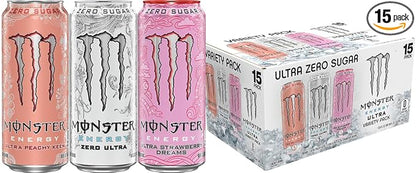 Monster Energy Ultra Variety Pack, Zero Ultra, Ultra Peachy Keen, Ultra Strawberry Dreams, Sugar Free Energy Drink, 16 Ounce (Pack of 15)