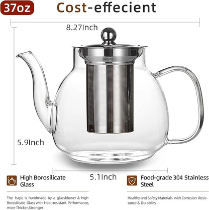 1100ml Glass Teapot with Removable Infuser,37oz Borosilicate Clear Tea Kettle,Stovetop Microwave Safe,Blooming and Loose Leaf Tea Maker Gift