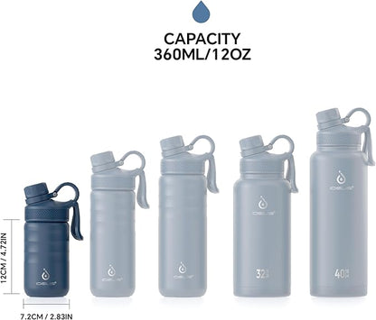 IDEUS Insulated Water Bottle 12oz, Stainless Steel Insulated Water Bottle For School, Insulated Bottles With Straws Leakproof, Vacuum Double Wall Water Bottles For Boys And Girls With 2 Lids, BPA Free