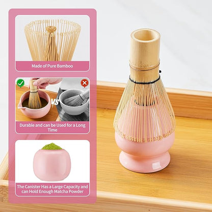 Matcha Whisk Set,9 Pcs Japanese Matcha Set Pink, Matcha Kit with Sifter, Matcha Tea Cloth, Matcha Powder Canister, Electric Rechargeable Frother(Pink)