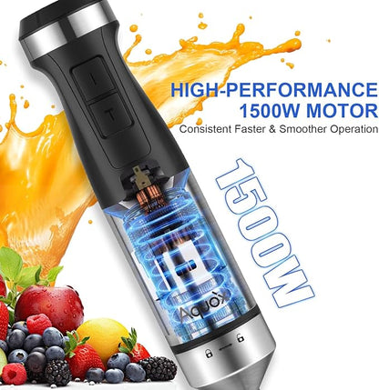 Immersion Blender 5 in 1 Handheld Blender 1500W, 20 Speed Mode&Turbo Boost, Heavy Duty Motor Electric Hand Blender with Chopper, Whisk, Frother, Beaker, for Baby Food, Sauce, Soup, Aquox