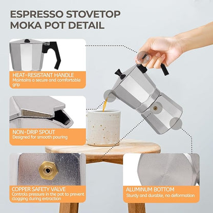 Aluminum 6 Cup 300ml Moka Pot Express Coffee Maker Stovetop Espresso Percolator Coffeemaker Italian Classic Style Brewing Greca Cafe Mocha Machine for Cafeteras Lover Camping Travel and Home Use 10oz