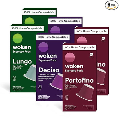 WOKEN COFFEE Compostable Nespresso Pods Variety Pack - Dark and Medium Roast Italian Espresso - Compostable Coffee Pods Compatible with Nespresso Machine (60 Pod Count, 6 Boxes)