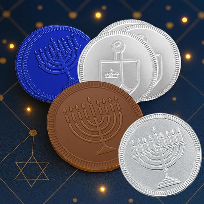The Dreidel Company Blue & Silver Hanukkah Milk Chocolate Coins, Hanukkah Design Gelt, Gluten Free, Non GMO, Kosher Certified OU-D (100-Pack)