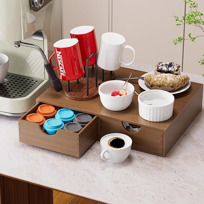 Wooden K Cup Holder - Coffee Pod Storage Drawer Tea Box, K Pod Organizer Coffee Maker Machine Stand, Kcup Holder for Counter, 30 Pod Capacity, Brown