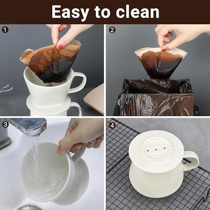 Segarty Pour Over Coffee Maker Set - Single Cup White Ceramic Coffee Dripper With 200 Pcs Size #2 Cone Filters, Slow Drip Manual Brewer for Home, Office, Travel, Camping