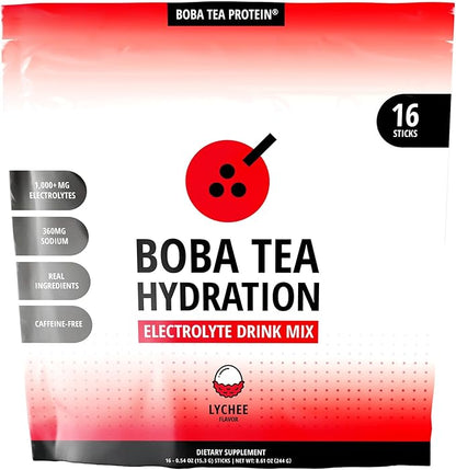 Boba Tea Hydration | Electrolyte Powder Drink Mix | Lychee | 1000mg Electrolytes, Vitamin C | 16 Stick Packets
