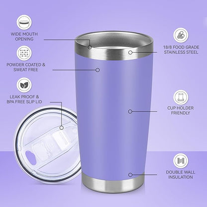 20 oz Tumbler Stainless Steel Tumblers Bulk with Lid Double Wall Insulated Coffee Tumbler Cups for Hot & Cold Drinks Powder Coated Travel Coffee Tumbler Mug Metal (Lavender, 6 pack)