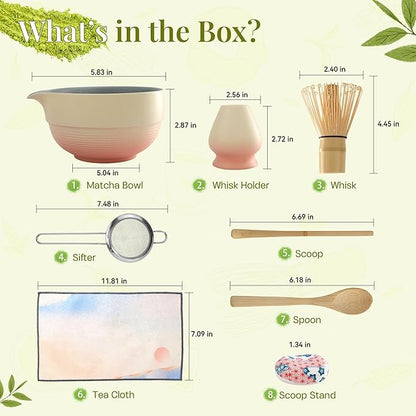 Matcha Whisk Set,includes Matcha Bowl,Matcha Whisk and Holder by Bamboo, Spout, Matcha Sifter Strainer Spoon Scoop Chasen Holder Towel- Perfect Japanese Matcha Set(8 Pcs Pink)