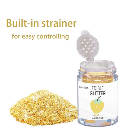 Gold Edible Glitter Glimmer Powder for Cakes Drinks - Colaele 5 grams Food Grade Luster Dust Metallic Food Decorating Sprinkle Disco Brew Dust for Cake Decorations Wine Beverage Candy Dessert, Vegan