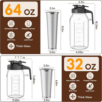 Cold Brew Coffee Maker Jar - 2 Pack 64 oz/32 oz Glass Cold Brew Maker with Handle, Stainless Steel Filter & Leak-Proof Lid, Heavy Duty Cold Brew Pitcher for Iced Coffee, Sun Tea, and Milk
