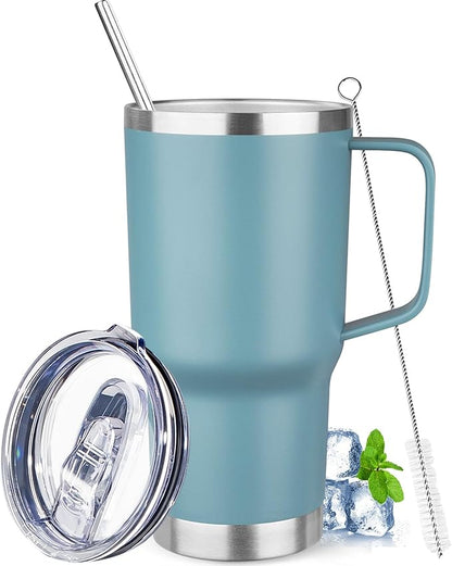 20 oz Tumbler with Handle Stainless Steel Insulated Coffee Mug Tumbler with Lid and Straw Double Wall Vacuum Insulated Coffee Mug Leak Proof Travel Tumbler for Hot and Cold Drink (Azure Blue,1pack)