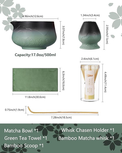 ZENS Matcha Whisk Set, 15oz Ceramic Matcha Set with Bowl and Bamboo Whisk, Scoop, (Chasen Holder) -Tea Towel, 5pcs Matcha Kit for Matcha Lovers, Sage Green