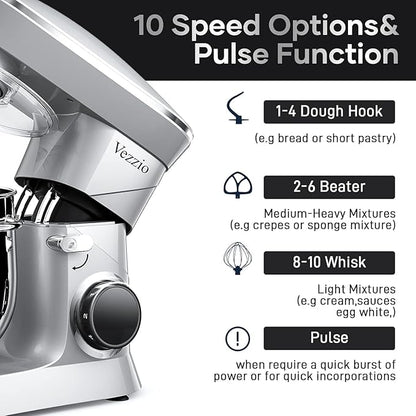 9.5 Qt Stand Mixer, 10-Speed Tilt-Head Food Mixer, Vezzio 660W Kitchen Electric Mixer with Stainless Steel Bowl, Dishwasher-Safe Attachments for Most Home Cooks(Silver)