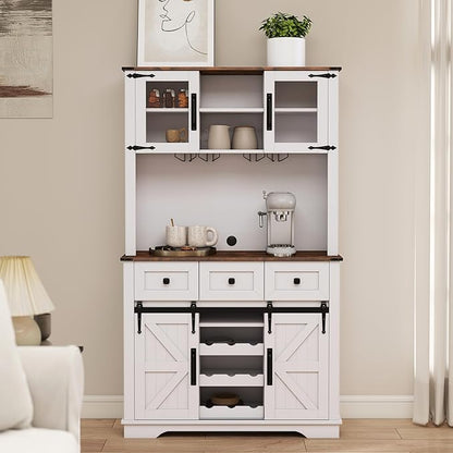Coffee Bar Cabinet with Sliding Barn Doors 71'' Farmhouse White Pantry Cabinet with Drawers & Wine Glass Rack Rustic Buffet Cabinet for Kitchen, Brown