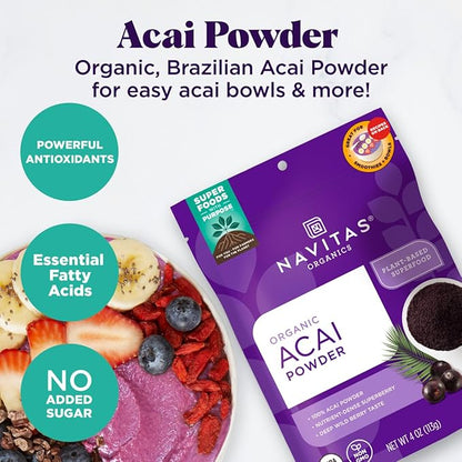 Navitas Organics Acai Powder – for Smoothie Bowls, Oatmeal, Dips, Sauces & More – Antioxidants, Omega 3 6 9, Fiber - USDA Organic, Non GMO, Kosher, Gluten Free, Keto (4oz. Bag, 38 Servings)