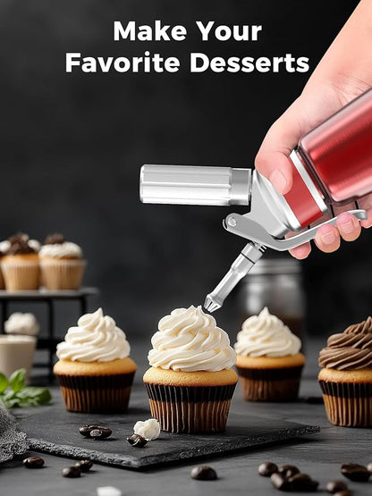 Whipped Cream Dispenser,Aluminum Cream Whipper 500mL/1 Pint,3 Decorating Nozzles,1 Brush, 1 Storage Bag,Homemade Whipped Cream Maker,Red