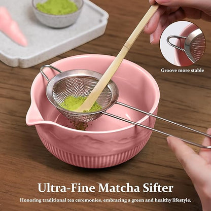 7PCs Matcha Whisk Set Traditional Japanese Matcha Kit with Ceramic Bowl Bamboo Chasen Tea Spoon Holder Sifter Tea Towel Ceremony Matcha Tea Making Tools Green Tea Set for Beginners