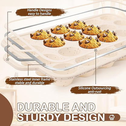 Silicone Mini Muffin Pan, 24 Cups Muffin Tin Baking Mold With Reinforced Stainless Steel Frame Inside, Nonstick Bakeware Cupcake Pan BPA Free, 2PCS