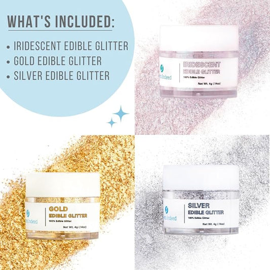 Sweets Indeed Edible Glitter, Perfect for Drinks, Cocktails, Beverages & Cake Decorating, Dessert Cake Topper, 4 grams, 3 Pack, New Years
