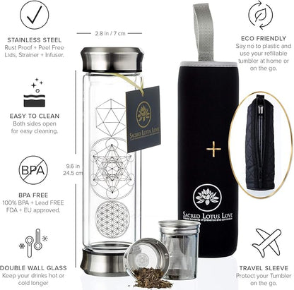 Sacred Lotus Love Double-Walled Glass Tea Infuser Bottle - Portable Travel Mug with Strainer and Sleeve for Loose Leaf Tea, Coffee, Smoothies - Insulated Tumbler with Lid for Hot and Iced Beverages