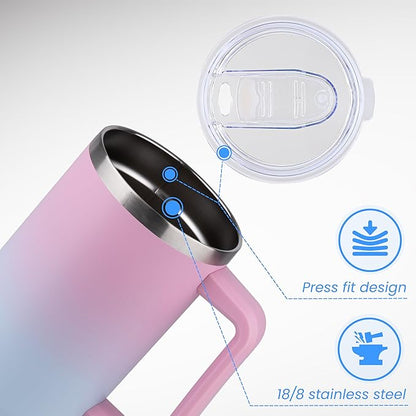 DOMICARE 40 oz Tumbler with Handle and Straw, Stainless Steel Tumbler with Lid and Straw, Reusable Vacuum Insulated Cup, Travel Coffee Mug, Dreamy Pink Blue, 1Pack