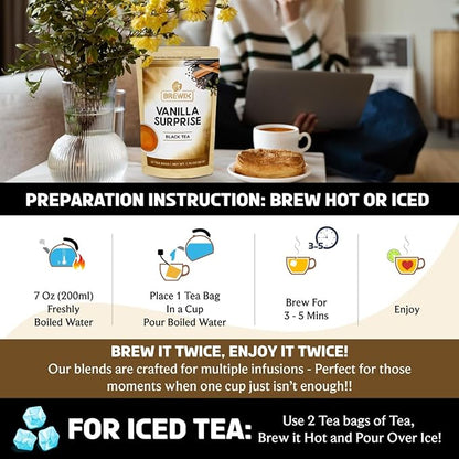 BREWIX, Vanilla Spiced Chai Tea (25 Pyramid Tea Bags) | High Caffeine, Gluten Free | Blend Of Vanilla & Masala Chai Tea | Black Tea with Cinnamon, Black Pepper, Cardamom and Clove | Energy & Focus Tea