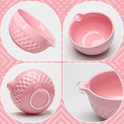 Matcha Whisk Set, 7 Pcs Matcha Kit, Ceramic Matcha Set Includes Matcha Bowl with Spout, Matcha Whisk and Holder, Bamboo Scoop, Scoop Rest, Sifter and Tea Towel (Cherry Blossom Pink)