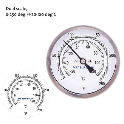 MEASUREMAN Fully Stainless Steel Pot, Kettle, Brewing Bimetal Thermometer, 3" Dial, 2-1/2" Stem, 0-250 deg F/-20-120 deg C, -1% Accuracy, Adjustable, 1/2" NPT Back Mount （2 Pack）