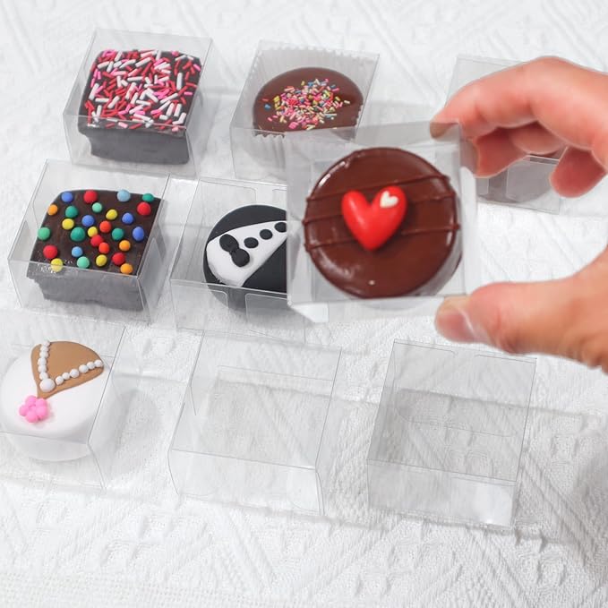 RomanticBaking 50pcs Clear Single Chocolate Covered Ore Cookies Macaron Box for Wedding Favors Baby Shower 2.17"×2.17"×1.38" Inch Party Favor Box for Candy Chocolate Donut