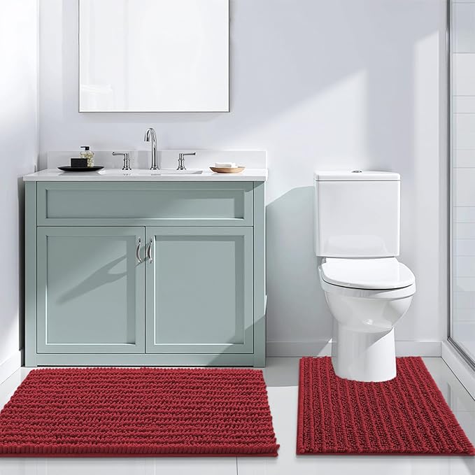 Arotive Luxury Chenille Bathroom Rug Mat, Extra Soft Thick Absorbent Shaggy Bath Rugs, Non-Slip Machine Wash Dry, Plush Bath Mats for Bathroom, Shower and Tub, 30x17, Red