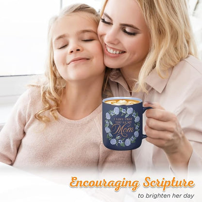 Christian Art Gifts Large Ceramic Inspirational Coffee & Tea Scripture Mug for Mothers: I Love that You're My Mom, Proverb Bible Verse, Cute Novelty Golden Beverage Cup, Purple & Blue Floral, 14 oz.