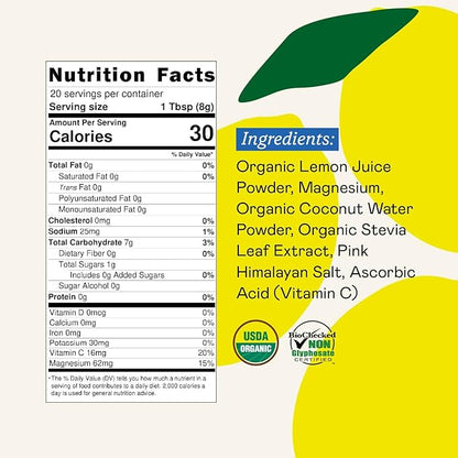 GOODONYA Organic Hydration Electrolyte Drink Mix, Certified Organic Hydration Powder, Non-GMO, Biochecked Glyphosate Free, Low Sugar, Lemonade Flavor, No Artificial Flavors, 20 Servings
