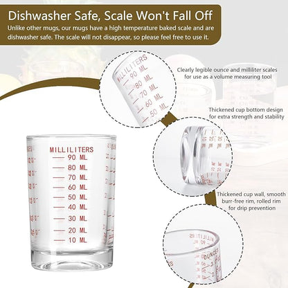 2 Pack Shot Glass Measuring Cup Set,3 oz/90 ML Liquid Heavy High Espresso Glass Cup,Dishwasher Safe,Measurement of Dry and Liquid Ingredients(Red Line)