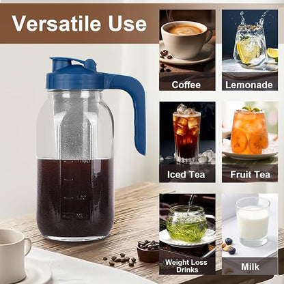 Cold Brew Coffee Maker Pitcher,64 Oz Heavy Duty Glass Mason Jar Pitcher with V-shaped Pour Spout Handle Lid,Stainless Steel Filter for Iced Coffee,Iced tea,Fruit Drinks,lemonade - Blue