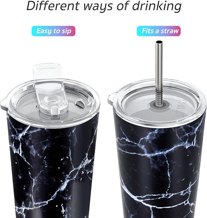THILY Stainless Steel Vacuum Insulated Tumbler Travel Mug 26 oz Coffee Cup with 2 Lids and Straws, Splash Proof, Keep Ice Drinks Cold, Black Marble