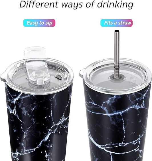 THILY Stainless Steel Vacuum Insulated Tumbler Travel Mug 26 oz Coffee Cup with 2 Lids and Straws, Splash Proof, Keep Ice Drinks Cold, Black Marble