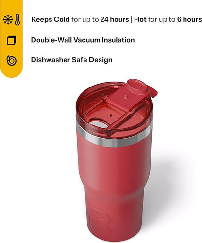 RTIC 20oz Essential Tumbler with Lid, Insulated, Stainless Steel, Metal, Double Wall Vacuum-Insulation, Ceramic Lined, Travel Cup for Iced Coffee, Tea, Hot and Cold Drink, Flag Red
