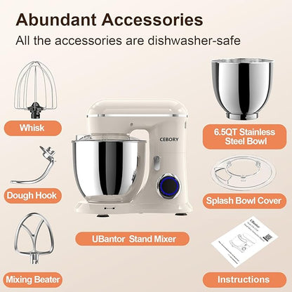 3-IN-1 Electric Stand Mixer, 6.5QT Bowl 660W 10-Speed Kitchen Mixer, Household Food Mixers include Dough Hook, Beater and Whisk, Bread Cake Mixer for Baking and Most Home Cooks, Almond Cream
