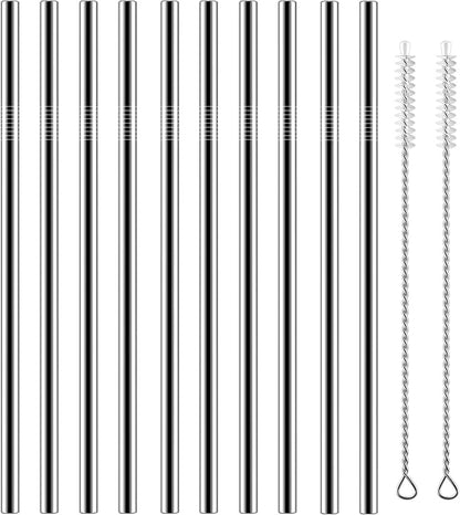 Set of 10 Stainless Steel Straws, HuaQi Straight Reusable Drinking Straws 10.5'' Long 0.24‘’ Dia for 30 oz Tumbler and 20 oz Tumbler, 2 Cleaning Brush Included (10 Straight Straw + 2 Brushes）