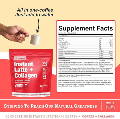 STRONG COFFEE COMPANY Instant Vanilla Latte – 15g Protein Coffee with Collagen, MCT Powder, L-Theanine & Adaptogens, Nootropic Energy, No Crash, No Jitters (12 Servings)