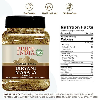 Pride Of India - PACK of 6 - Indian Biryani Masala Seasoning Spice - 7 oz. Medium Dual Sifter Jar - Easy to Use - Ideal for Layered Vegetable and Meat Pilaf – Suitable for Vegetarians & Vegans
